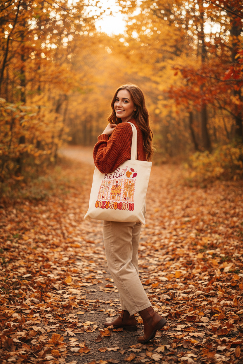 Hello Cosy Season tote in use