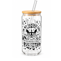 A clear glass tumbler with a bamboo lid and glass straw, featuring black printed fantasy-themed illustrations and the text 'IN MY FANTASY ERA' and 'HIGH LORDS, WINGEARERS, ETE PRINCESS'.