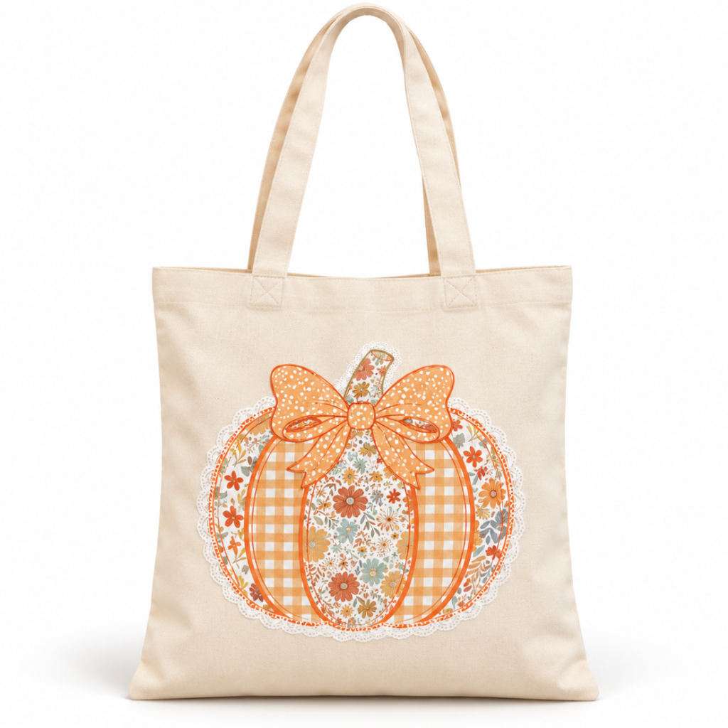 patchwork pumpkin tote, autumn pumpkin tote bag, pumpkin tote bag, organic cotton tote bag, autumn shopping bag, reusable shoulder bag, cosy season tote, Billie Rae tote bag