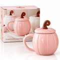pink pumpkin mug, pastel pumpkin mug, pumpkin shaped mug, lidded ceramic mug, autumn mug, pastel pink mug, pumpkin homeware, Billie Rae mug