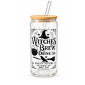 A clear glass tumbler with a bamboo lid and glass straw, featuring a black 'Witches Brew Drink Co.' graphic on the front, set against a plain white background.